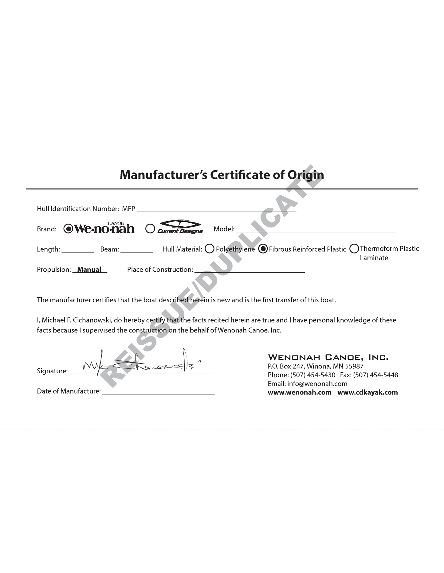 Manufacturer's Certificate of Origin (MCO)